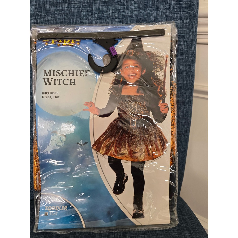 Spirit Halloween Mischief Witch Toddler Costume Dress Hat Orange Black 5T-6T